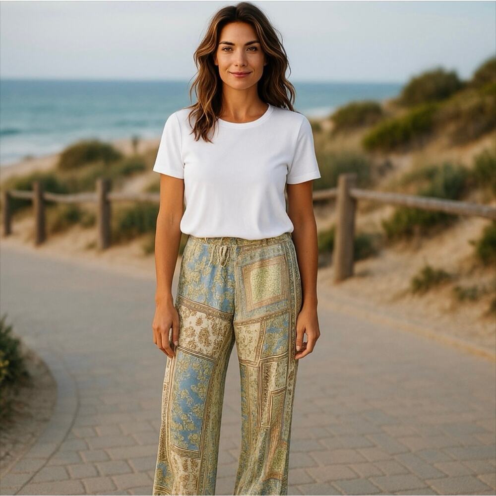 Chico's Patchwork Pull On Womens Pants Large Bohemian Free Spirited Hippie Beach
